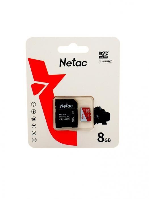 Карта памяти 8Gb - Netac MicroSD P500 Eco Class 10 NT02P500ECO-008G-R + с переходником под SD (Оригинальная!)