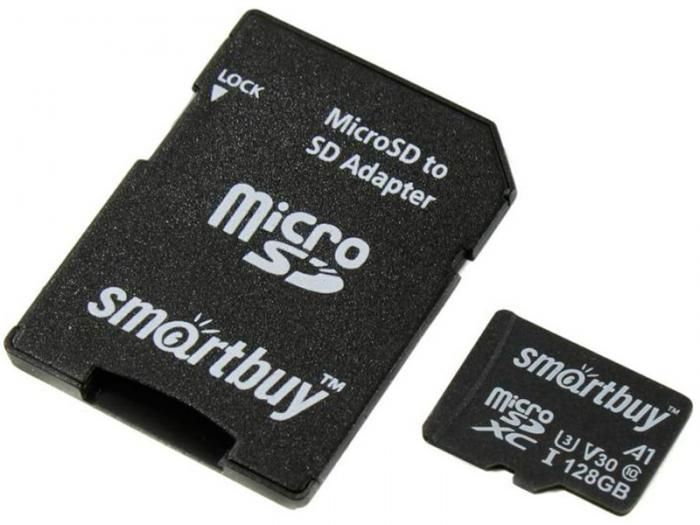 Карта памяти 128Gb - SmartBuy MicroSD Class 10 Advanced U3 V30 A1 SB128GBSDU1A-AD с адаптером SD (Оригинальная!)