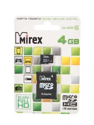 Карта памяти 4Gb - Mirex - Micro Secure Digital HC Class 10 13613-AD10SD04 с переходником под SD (Оригинальная!)