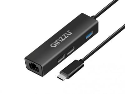 Хаб USB Ginzzu GR-762UB USB Type-C - USB 3.0/2xUSB 2.0/RJ45 Black 17425