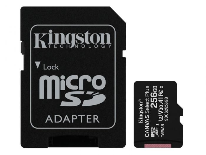 Карта памяти 256Gb - Kingston Canvas Select Plus Micro Secure Digital XC UHS-I Class U3 V30 A1 SDCS2/256GB с переходником под SD (Оригинальная!)