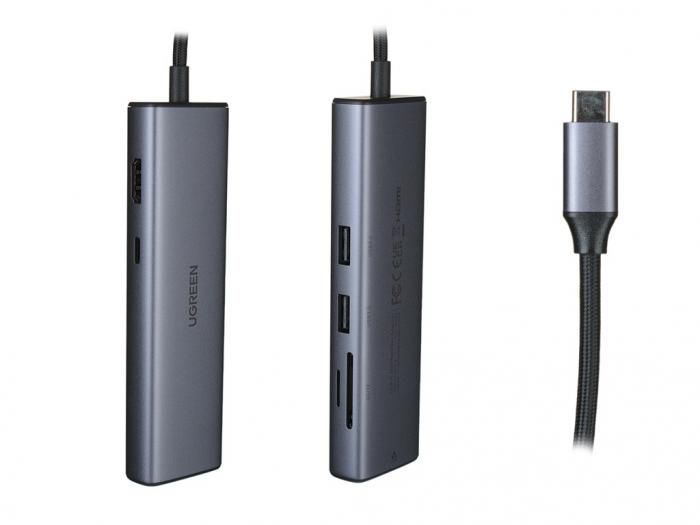 Хаб USB Ugreen CM512 USB Type-C - 2xUSB3.0+HDMI+RJ45+SD&TF+PD Grey 90568