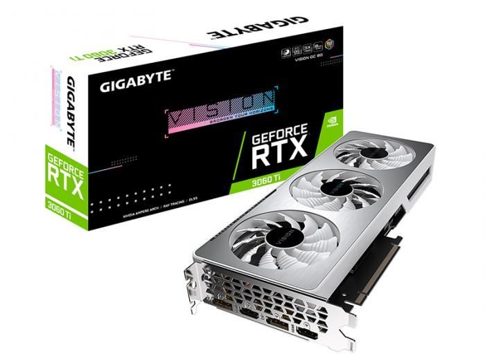 Видеокарта GigaByte GeForce RTX 3060 Ti Vision OC 8G 1755Mhz PCI-E 4.0 8192Mb 14000Mhz 256-bit 2xHDMI 2xDP Type-C GV-N306TVISION OC-8GD V2.0 LHR